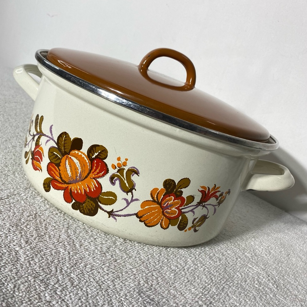 Vintage 70s Cream Brown Autumn Floral Enamelware Dutch Oven Soup Pot W Lid